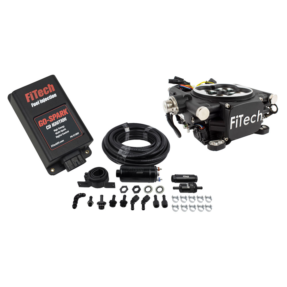 Photo for FiTech Fuel Injection System Kit 93102; Go EFI 4 and In Line Fuel Pump and Go Spark CDI 650 HP Throttle Body Black Die Cast Aluminum
