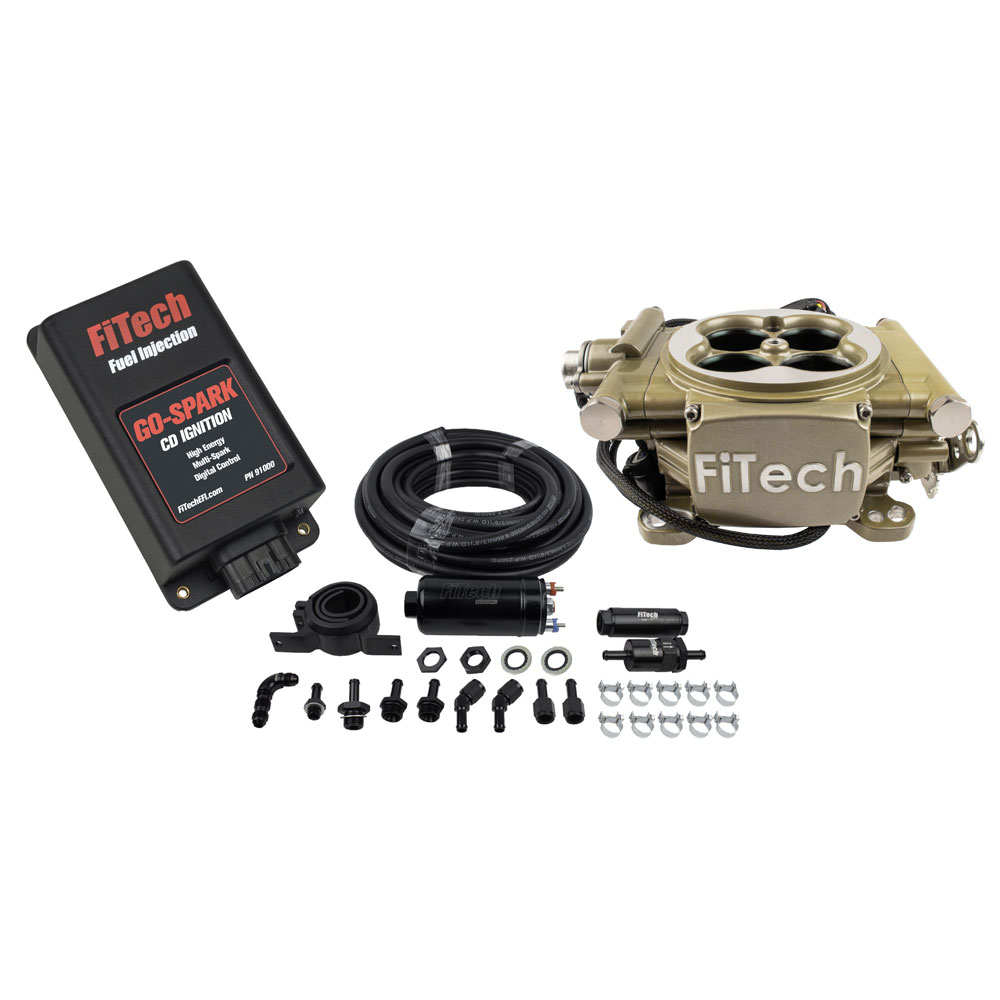 Photo for FiTech Fuel Injection System Kit 93105; Easy Street EFI and Inline Fuel Pump and Go Spark CDI 600 HP Throttle Body Gold Anodized Die Cast Aluminum