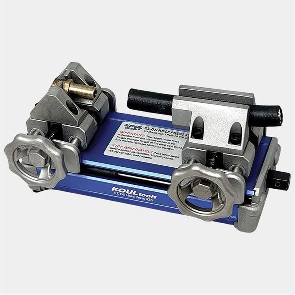 Photo for Koul Tools Hose End Installation Tool 426; Push Lock Hose Press -06AN to -16AN Blue, Natural Aluminum, Steel Impact, Drill Driven Pusk Lock, 1/4 to 1.000 in.