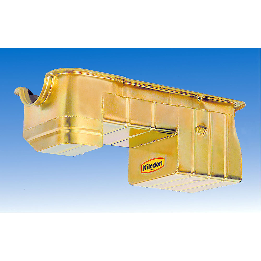 Milodon Oil Pan 31126; Street, Strip Wet Sump 7 Quart Gold Iridited for 1979 to 1993 Ford Mustang 351W 