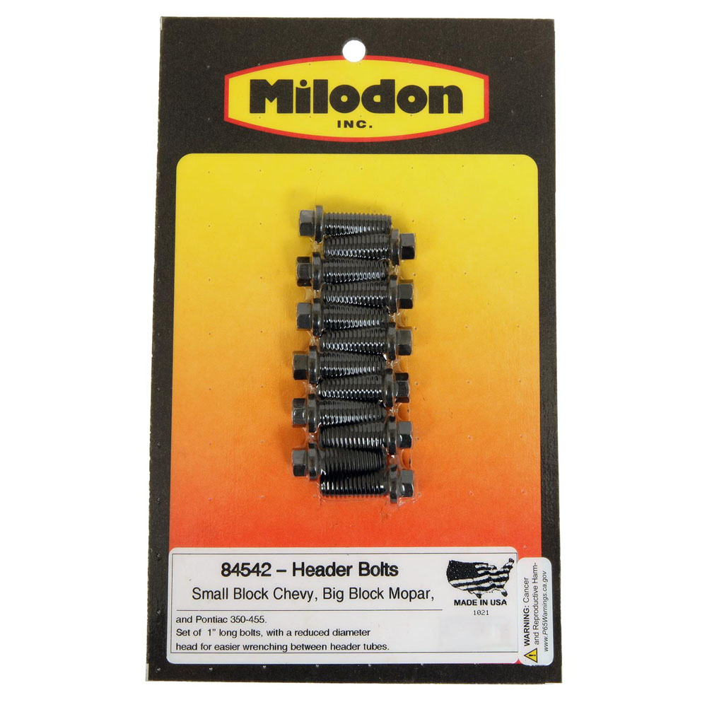 Photo for Milodon Exhaust Header Bolt Kit 84542; 3/8 in.-16 Black Oxide Steel Hex Head for Chevy, Pontiac, Chrysler 262 to 400, 265 to 428, 383 to 440