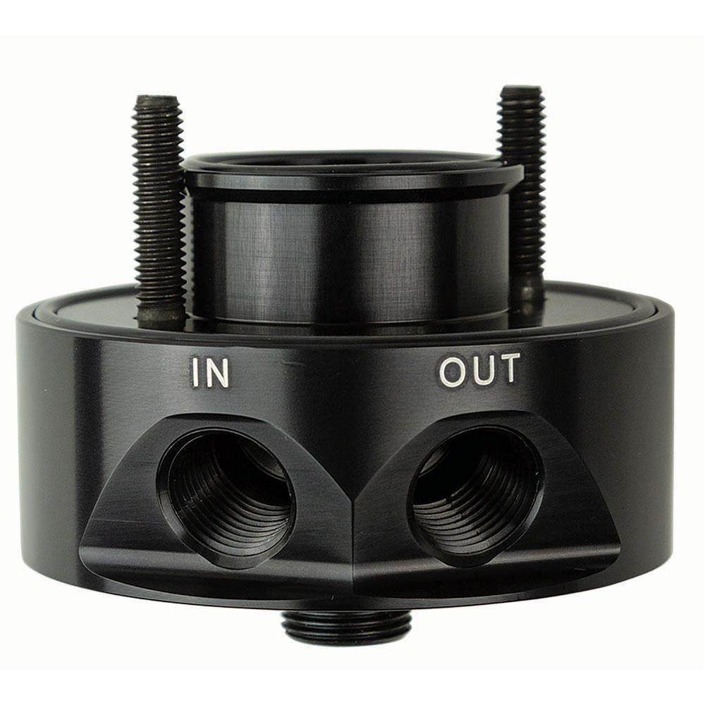 Photo for Moroso Engine Oil Cooler Adapter 23692; Sandwich Adapter Sandwich 1 Outlet Aluminum 13/16 in. -16 Bolt On Black Anodized for Chevy 262 to 400, 396 to 454