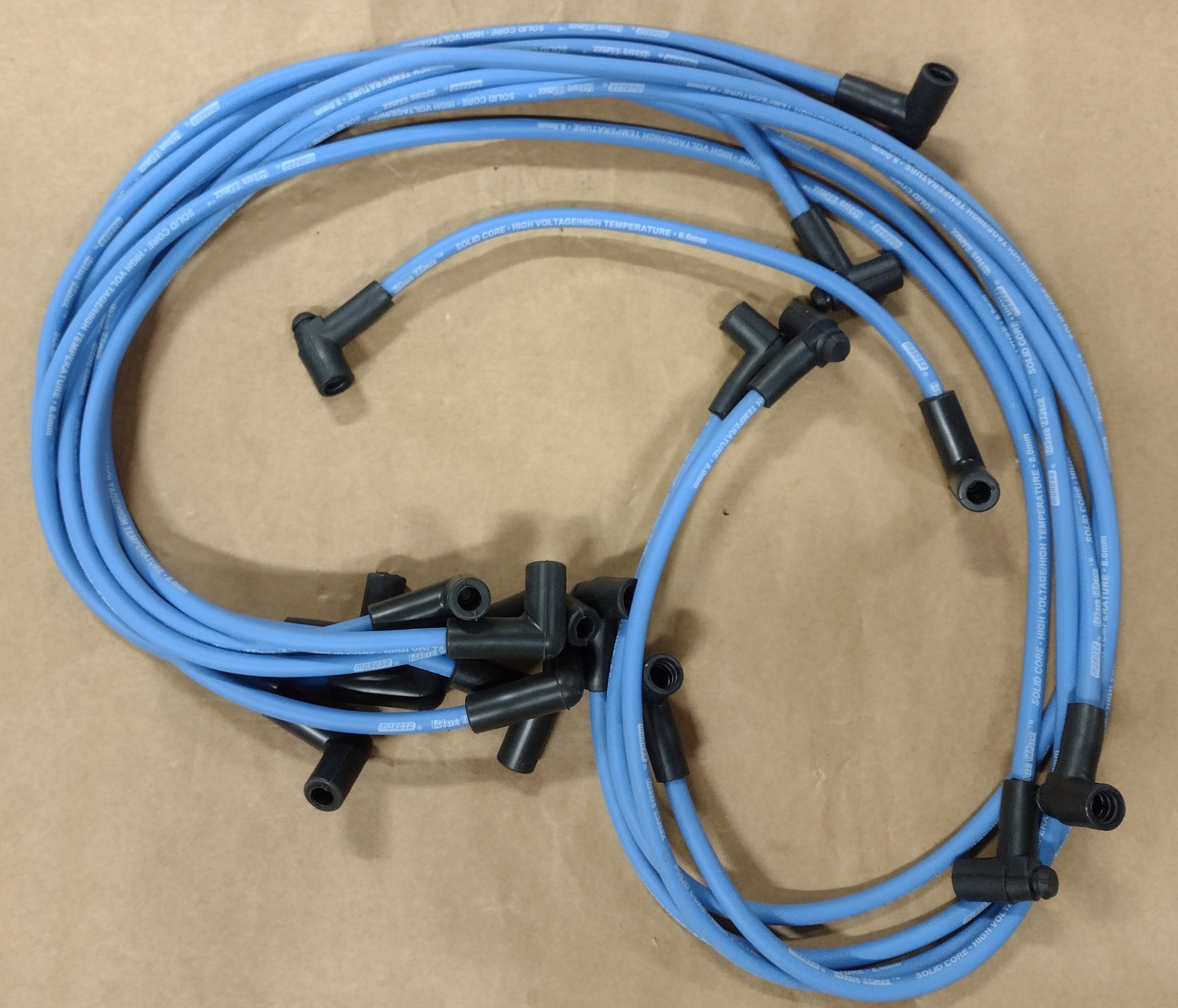 Moroso Spark Plug Wires 28816; Blue Max 8mm Blue Solid Core 90 deg. HEI/Male 