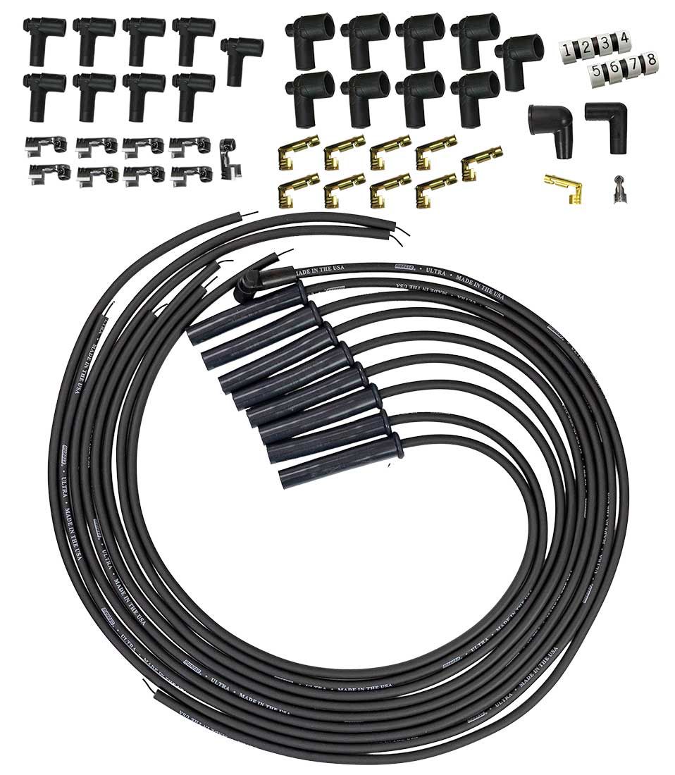 Moroso Spark Plug Wires 51046; Ultra 350 Universal 8mm Black Spiral Core Multi-Angle HEI/Male and Female/Socket 