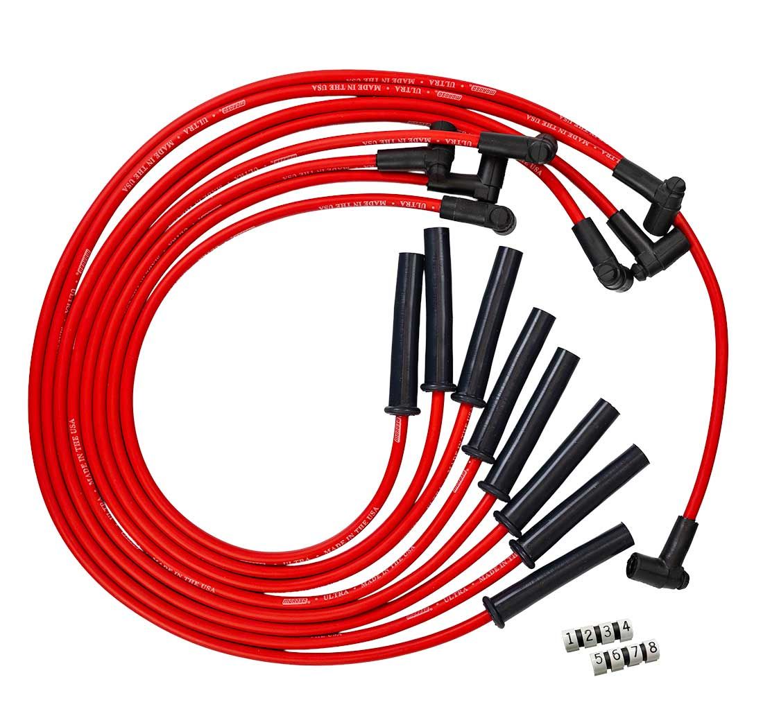 Moroso Spark Plug Wires 52038; Ultra 350 8mm Red Spiral Core Multi-Angle HEI/Male for Chevy 396 to 454 