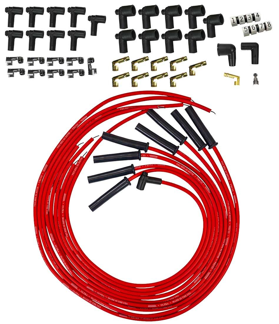Moroso Spark Plug Wires 52046; Ultra 350 Universal 8mm Red Spiral Core Multi-Angle HEI/Male and Female/Socket 