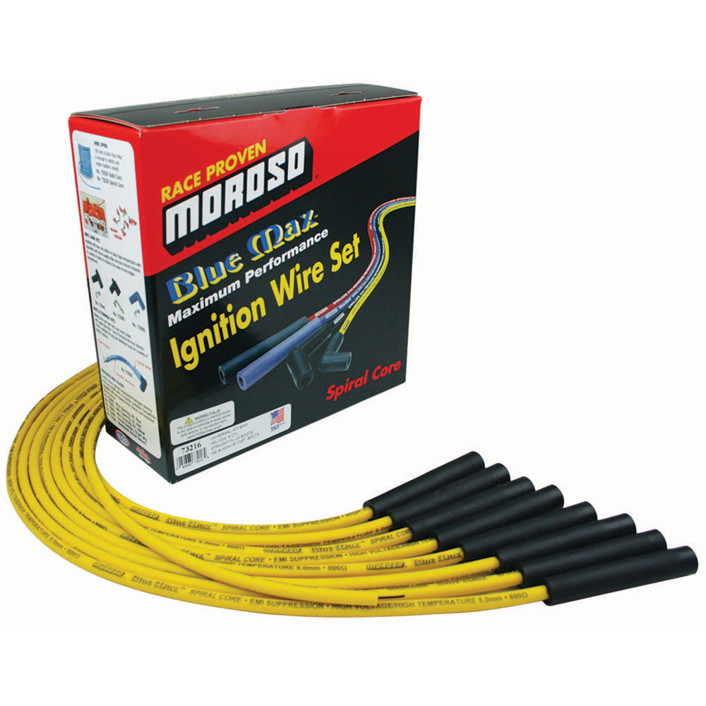 Moroso Spark Plug Wires 73216; Blue Max 8mm Yellow Spiral Core Straight HEI/Male and Female/Socket for V8 