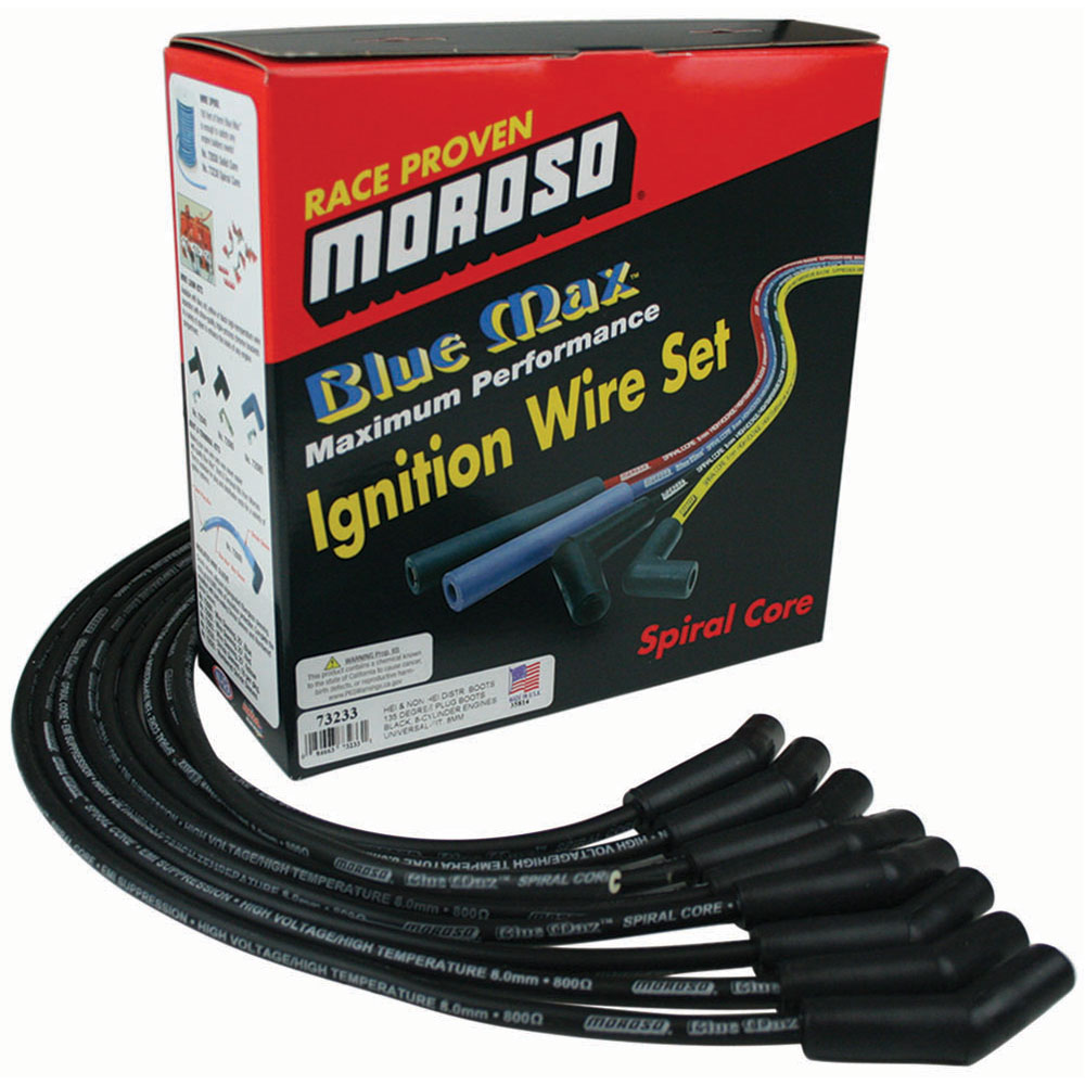 Moroso Spark Plug Wires 73233; Blue Max 8mm Black Spiral Core 45 deg. HEI/Male and Female/Socket for V8 