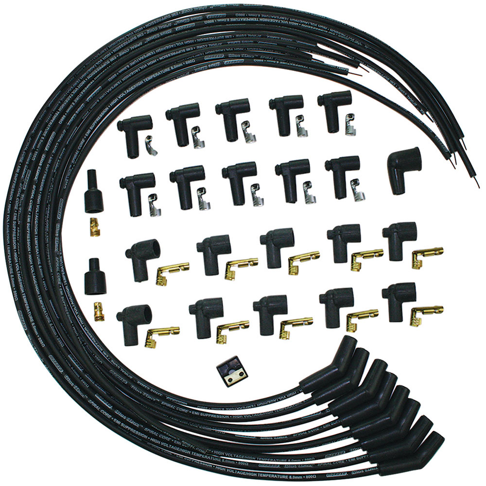 Moroso Spark Plug Wires 73233; Blue Max 8mm Black Spiral Core 45 deg. HEI/Male and Female/Socket for V8 