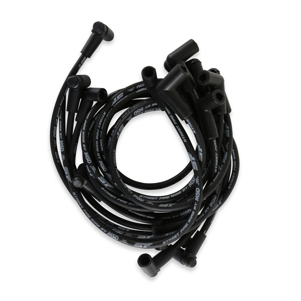 MSD Spark Plug Wires 5554; Street Fire 8mm Black Spiral Core 90 deg. HEI/Male for Chevy 262 to 400 