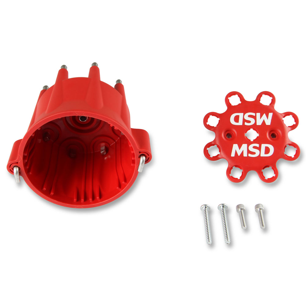 MSD Distributor Cap 8433; Red HEI/Male for Chevy 262 to 400, 396 to 454 