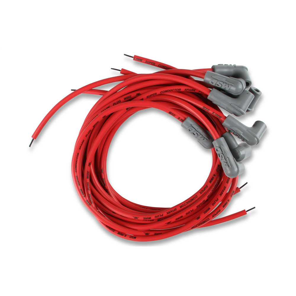 MSD Spark Plug Wire Set 31239; Super Conductor 8.500 mm Red Spiral Core 90 deg. HEI/Male and Female/Socket 