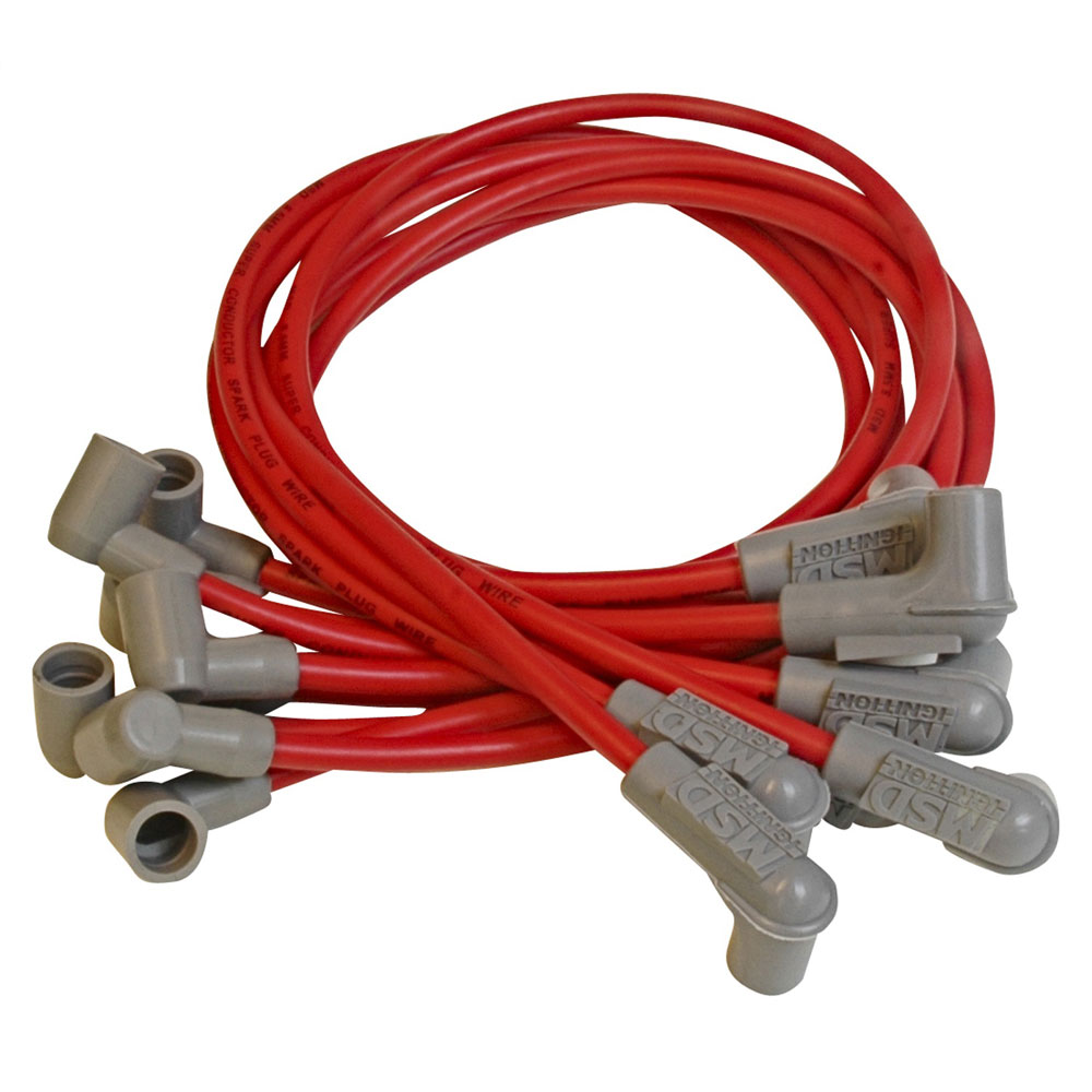 Photo for MSD Spark Plug Wire Set 31599; Super Conductor 8.500 mm Red Spiral Core 90 deg. Female/Socket for Chevy 262 to 400