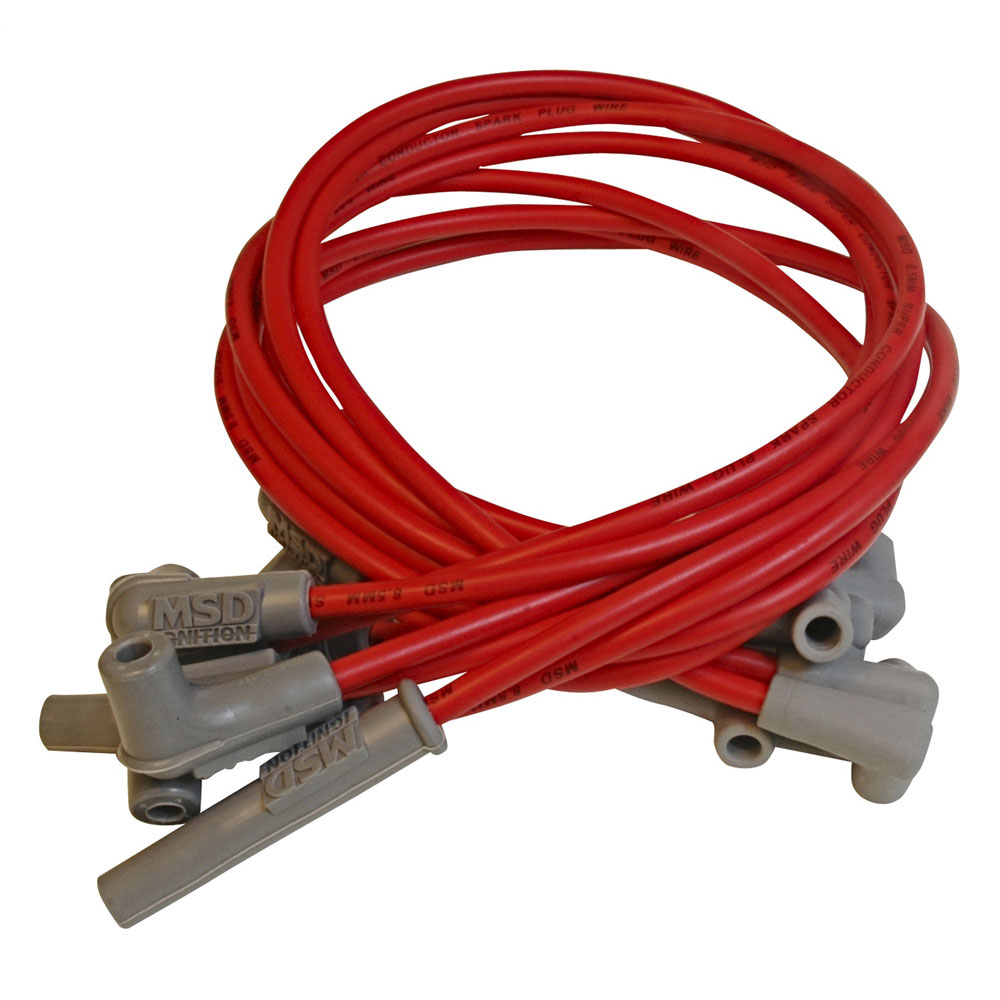 Photo for MSD Spark Plug Wire Set 31649; Super Conductor 8.500 mm Red Spiral Core 90 deg./Straight HEI/Male for Chevy 4.3L