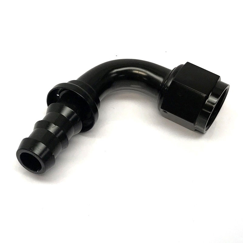 NyTrex Fuel Hose Fitting 170223; Push Lock Black Anodized -10AN 90 deg. -10AN Female 