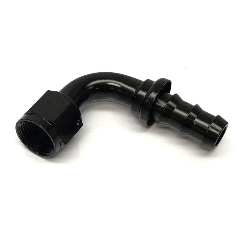 NyTrex Fuel Hose Fitting 170223; Push Lock Black Anodized -10AN 90 deg. -10AN Female 
