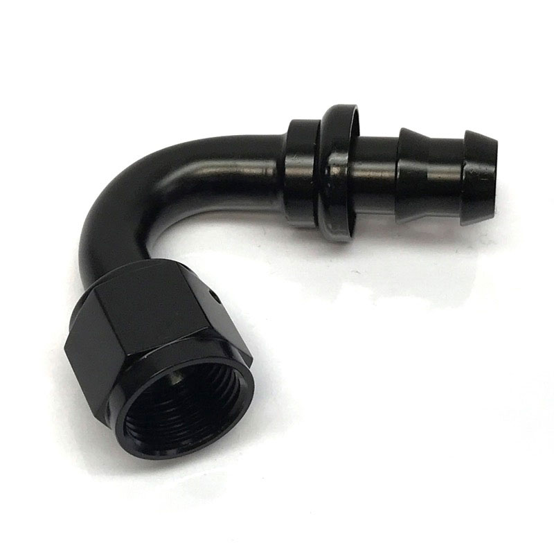 NyTrex Fuel Hose Fitting 170231; Push Lock Black Anodized -08AN 120 deg. -08AN Female 