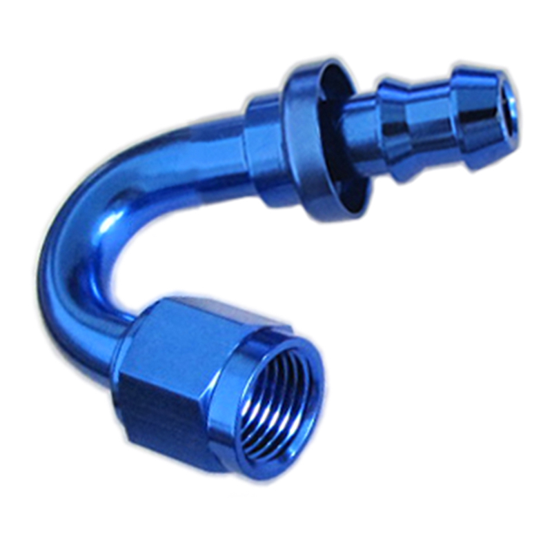 Photo for NyTrex Fuel Hose Fitting 170242; Push Lock Blue Anodized -10AN 150 deg. -10AN Female
