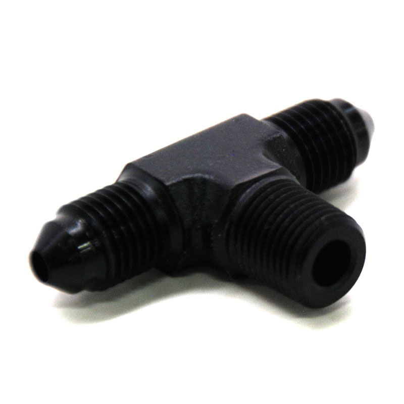 Photo for NyTrex AN Fitting 173227; AN to NPT Tee Fitting Black -03AN Male Tee 1/8 in. NPT Male (bottom) -03AN Male