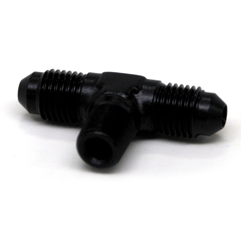 NyTrex AN Fitting 173229; AN to NPT Tee Fitting Black -04AN Male Tee 1/8 in. NPT Male (bottom) -04AN Male 