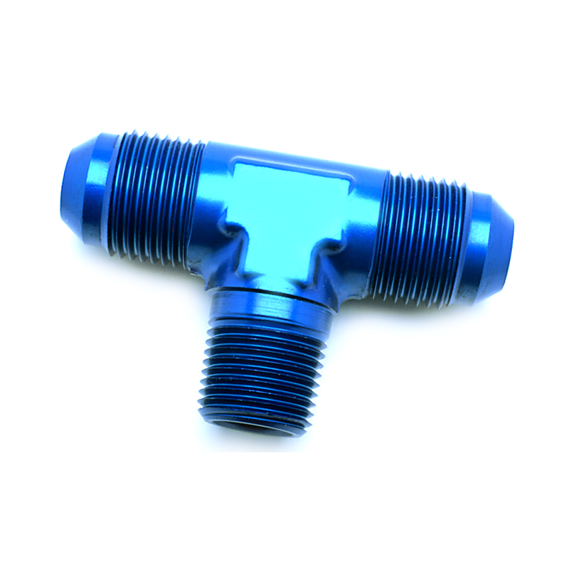 Photo for NyTrex AN Fitting 173232; AN to NPT Tee Fitting Blue -08AN Male Tee 3/8 in. NPT Male (bottom) -08AN Male