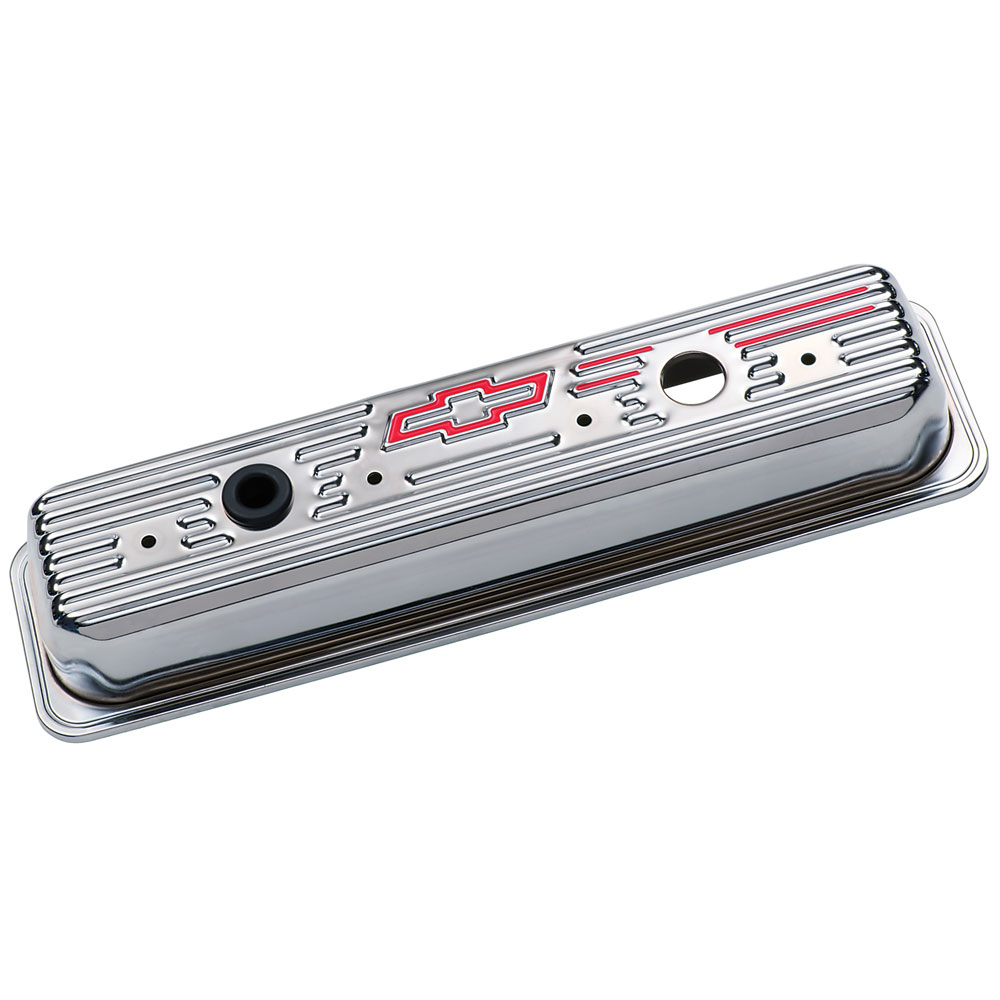 Photo for Proform Valve Covers 141-107; Chevrolet Performance Ribbed, Bowtie Logo Chrome, Red Bowtie Stamped Steel for Chevy 262 to 400