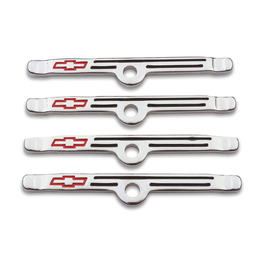 Photo for Proform Valve Cover Hold Down Tab Set 141-903; Chevrolet Performance Parts Chrome with Red and Black Steel for Chevy 262 to 400