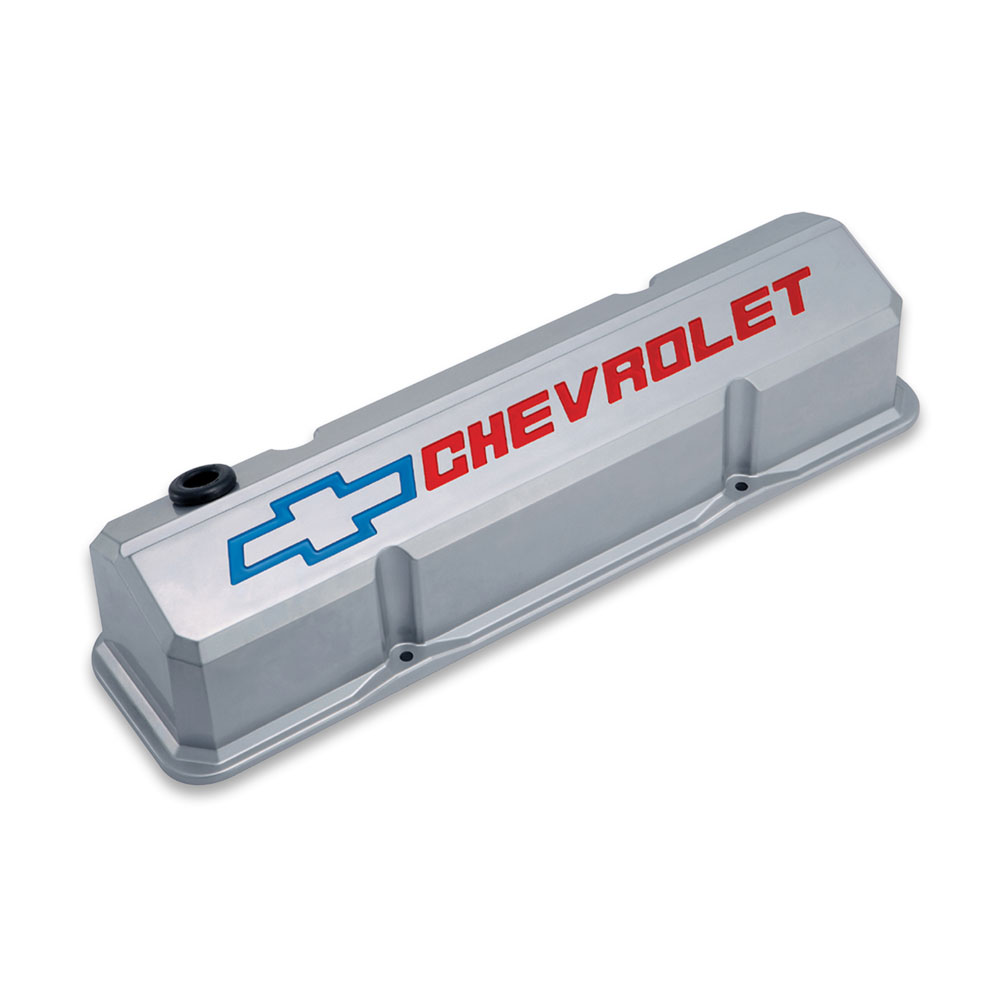 Photo for Proform Valve Cover Set 141-923; GM Licensed Slant Edge Metallic Gray Painted, Red, Blue Die Cast Aluminum for Chevy 262 to 400