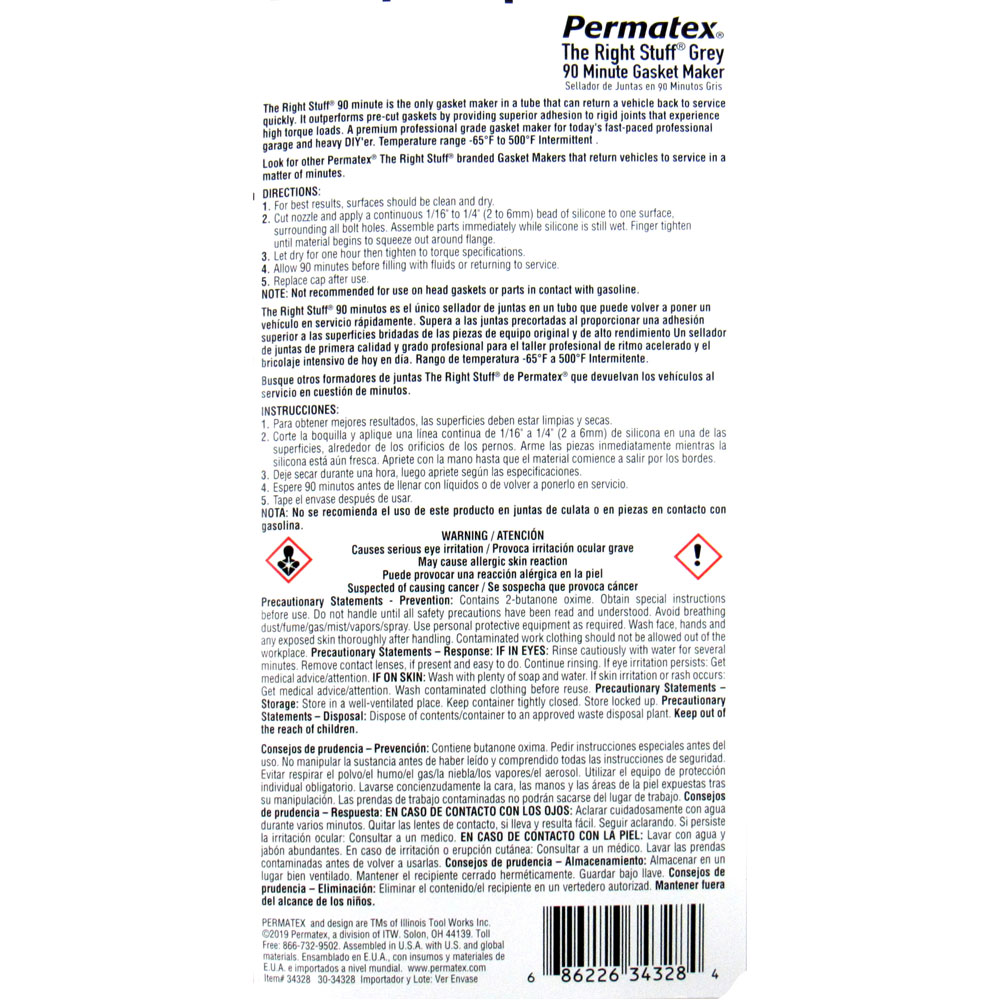 Permatex Gasket Making Compound 34328; The Right Stuff 90 Minute 3.0 oz. Squeeze Tube Gray Silicone Paste 