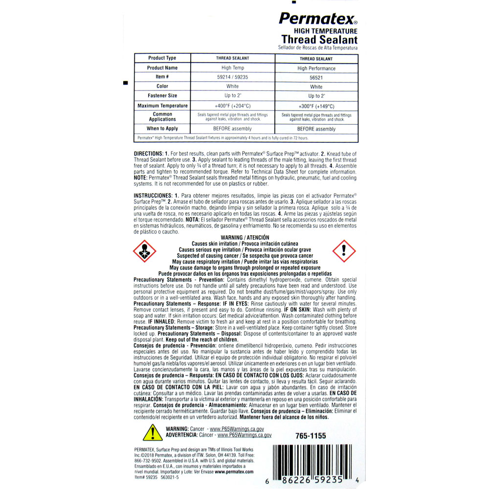 Permatex Thread Sealant 59235; High Temperature 1.69 oz. Squeeze Tube 