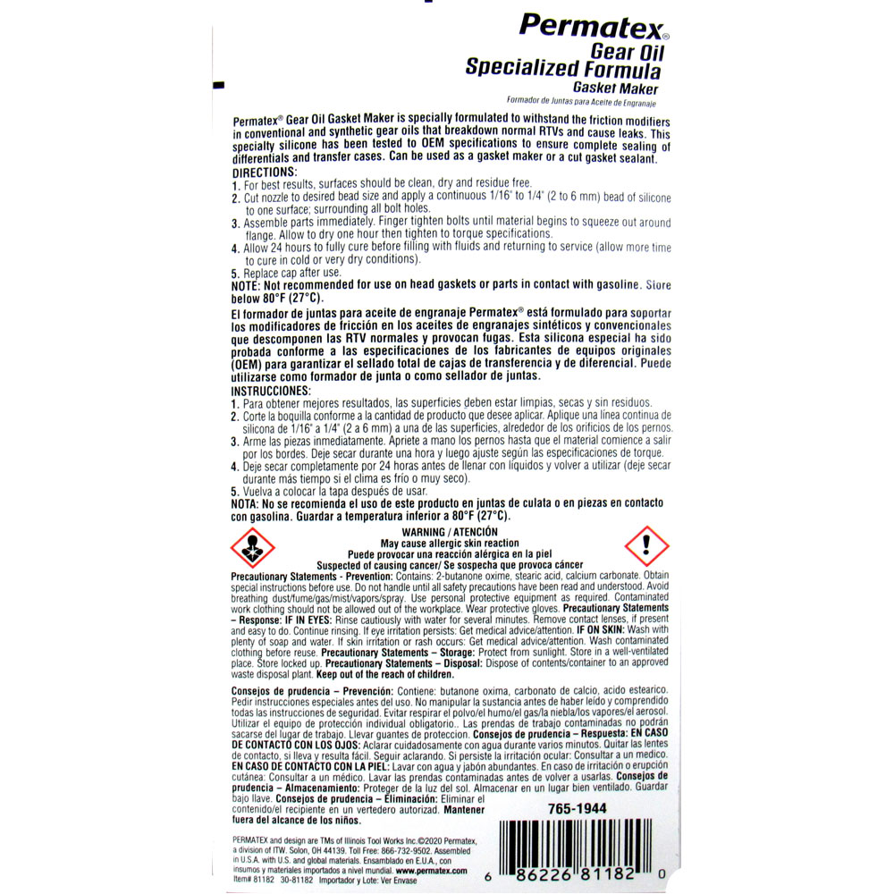 Permatex Gasket Making Compound 81182; Gear Oil RTV 3.0 oz. Squeeze Tube Gray Silicone 