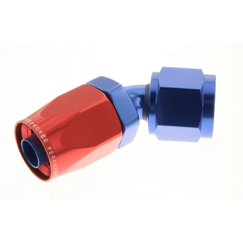 Redhorse Performance Fuel Hose Fitting 6045-12-1; Non Swivel Hose End Blue/Red Anodized -12AN 45 deg. -12AN Female 