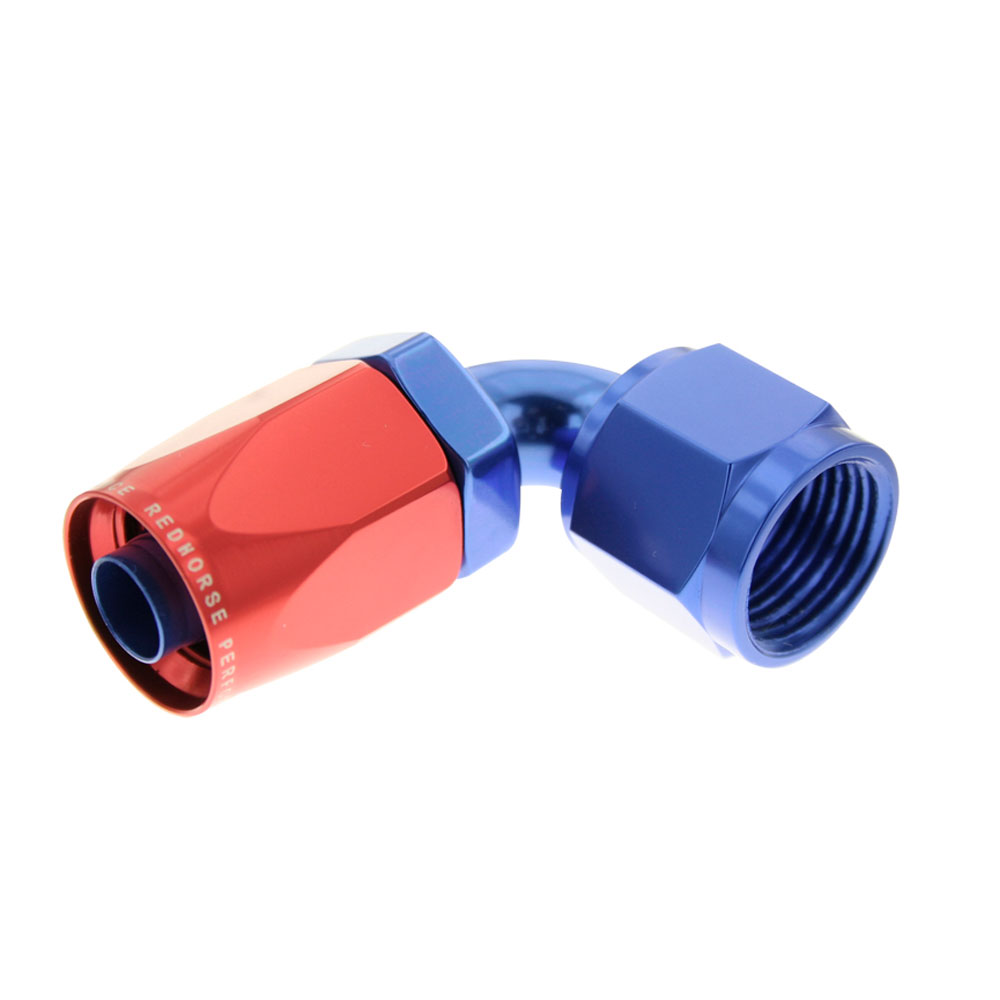 Redhorse Performance Fuel Hose Fitting 6090-12-1; Non Swivel Hose End Blue/Red Anodized -12AN 90 deg. -12AN Female 