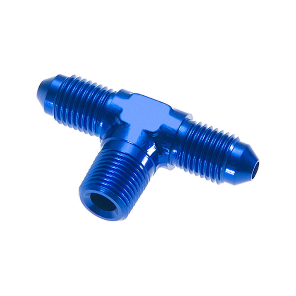 Redhorse AN Fitting 825-03-02-1; AN to NPT Tee Fitting Blue -03AN Male Tee 1/8 in. NPT Male (bottom) -03AN Male 