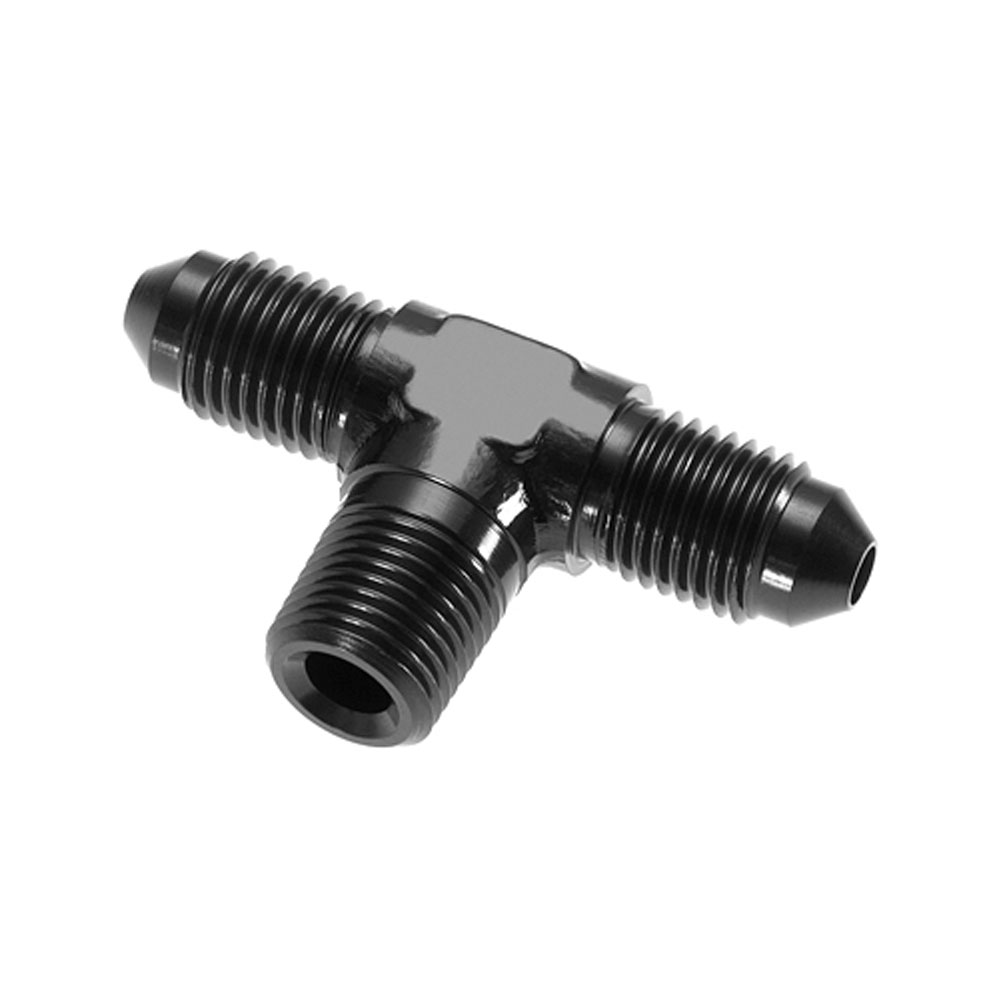 Redhorse Performance AN Fitting 825-03-02-2; AN to NPT Tee Fitting Black -03AN Male Tee 1/8 in. NPT Male (bottom) -03AN Male 