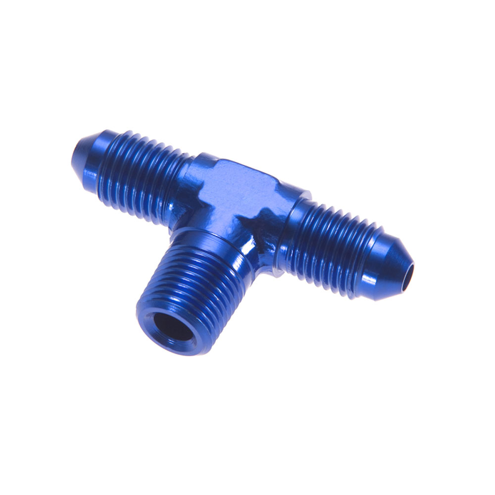 Redhorse Performance AN Fitting 825-08-06-1; AN to NPT Tee Fitting Blue -08AN Male Tee 3/8 in. NPT Male (bottom) -08AN Male 