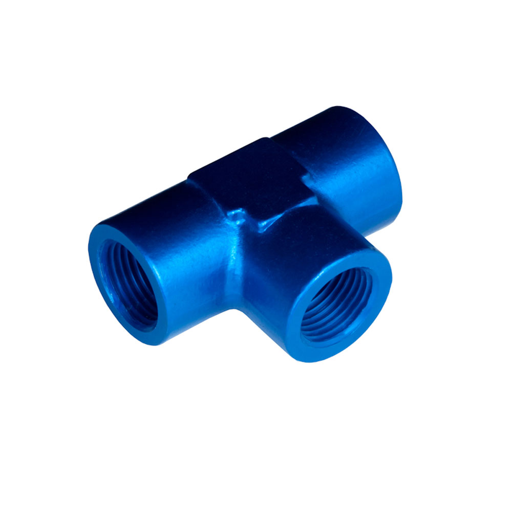 Redhorse Performance Pipe Fitting 917-02-1; NPT to NPT Tee Fitting Blue Anodized 1/8 in. NPT Female Tee 1/8 in. NPT Female 1/8 in. NPT Female 
