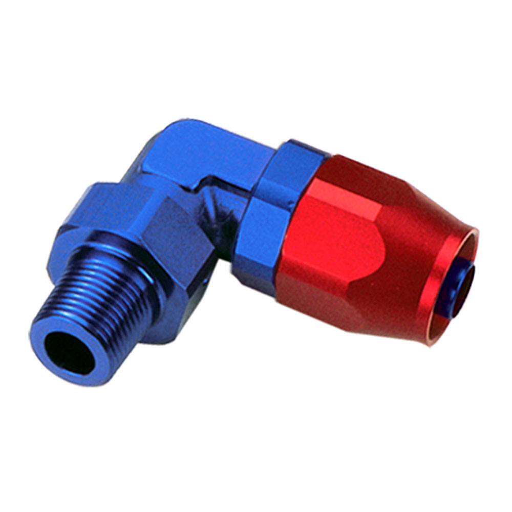 Renegade Racing Components Fuel Hose Fitting 12690-1; Swivel Hose End to NPT Blue/Red Anodized -06AN 90 deg. 1/4 in. NPT Male 