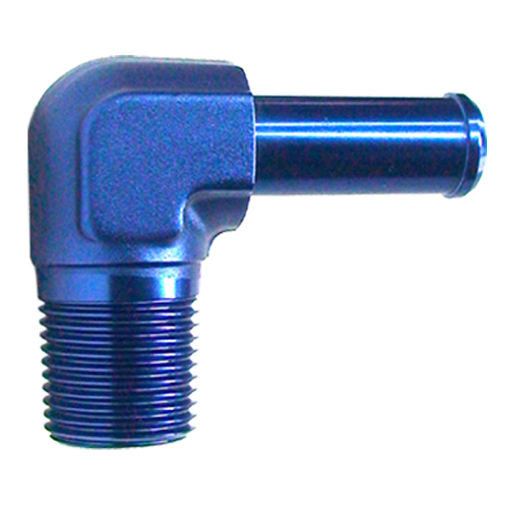 Renegade Racing Components Pipe Fitting 20836-1; NPT to Hose Barb Adapter Blue Anodized 3/8 in. NPT Male 90 deg. 1/2 in. Hose Barb 