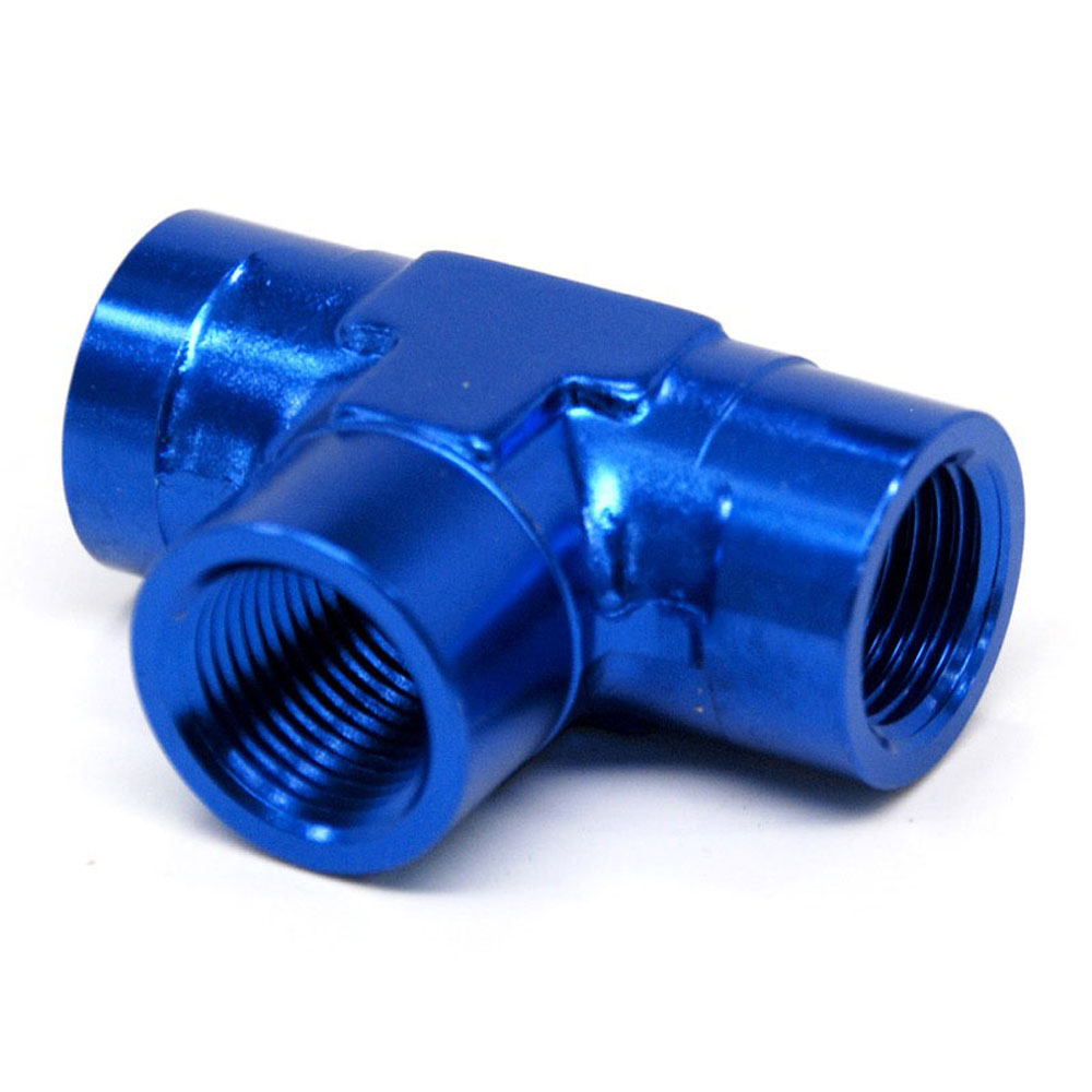 Photo for Renegade Racing Components Pipe Fitting 60613-1; NPT to NPT Tee Fitting Blue Anodized 3/8 in. NPT Female Tee 3/8 in. NPT Female 3/8 in. NPT Female