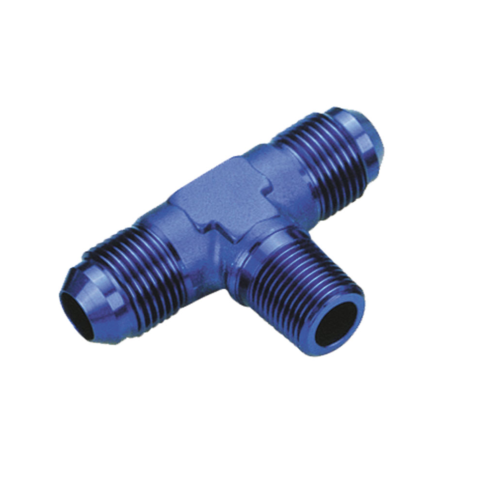 Renegade Racing Components AN Fitting 60825-1; AN to NPT Tee Fitting Blue -08AN Male Tee 3/8 in. NPT Male (bottom) -08AN Male 