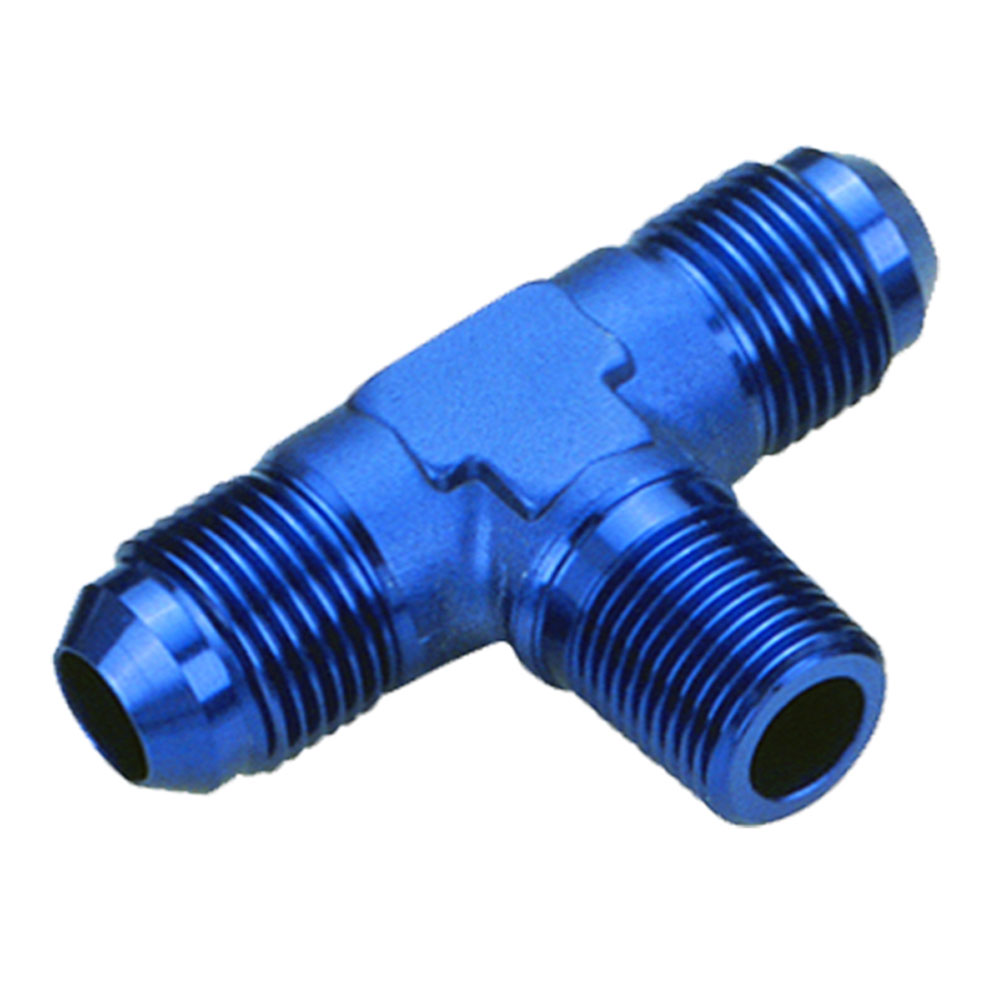 Renegade Racing Components AN Fitting 60825-1; AN to NPT Tee Fitting Blue -08AN Male Tee 3/8 in. NPT Male (bottom) -08AN Male 