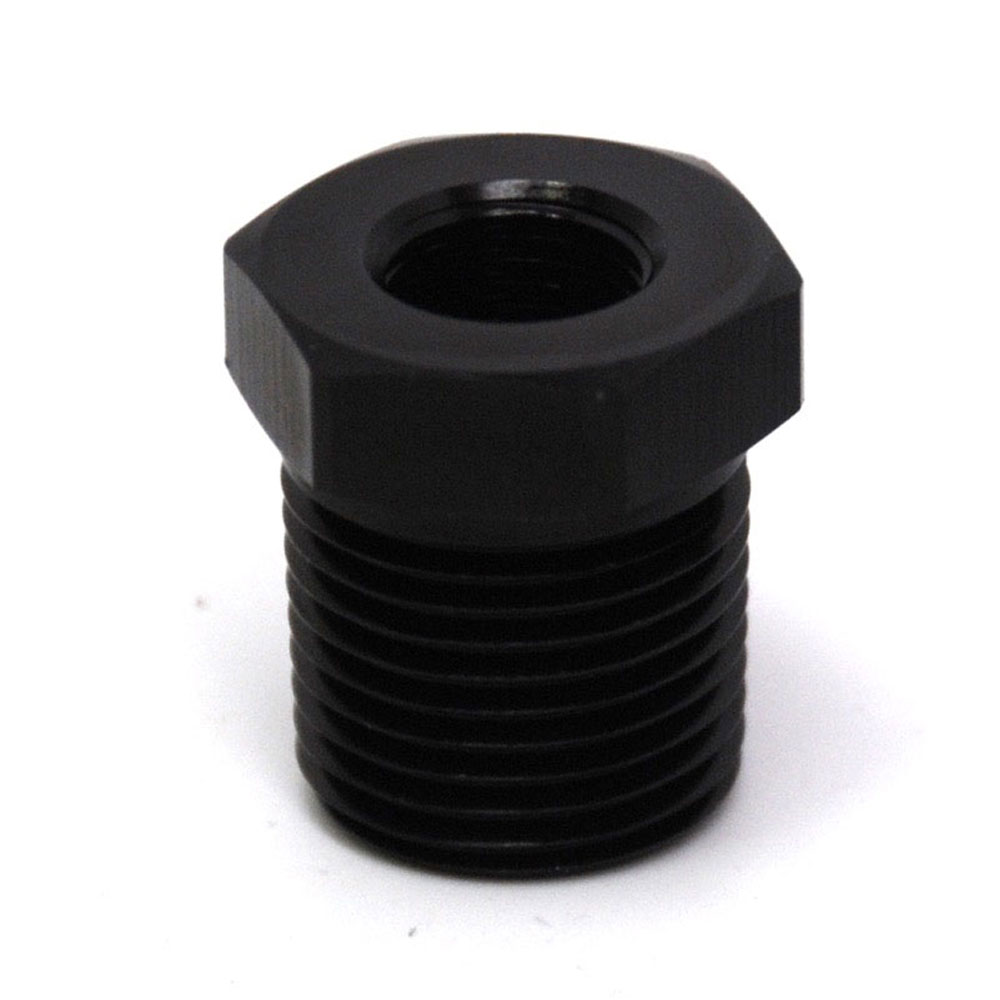 Renegade Racing Components Pipe Fitting 63112-2; NPT to NPT Reducer Bushing Black Anodized 3/8 in. NPT Male Straight 1/8 in. NPT Female 