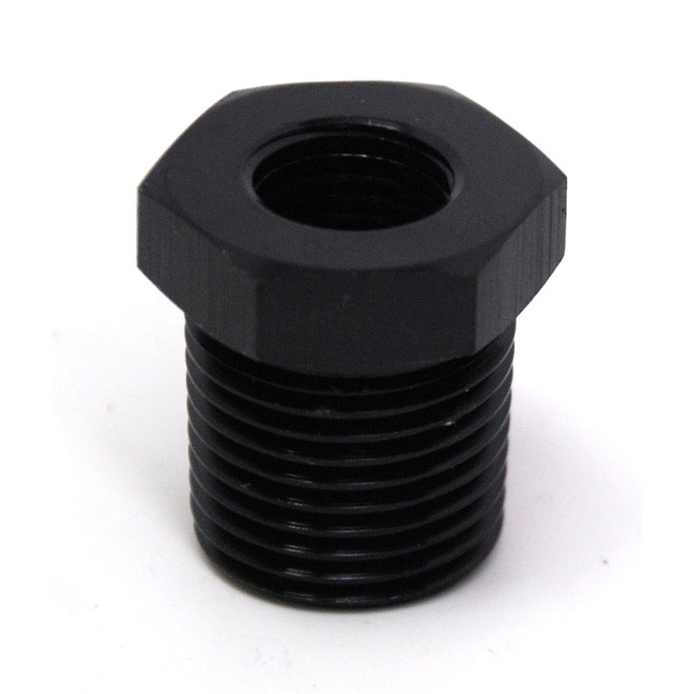 Renegade Racing Components Pipe Fitting 65212-2; NPT to NPT Reducer Bushing Black Anodized 1/2 in. NPT Male Straight 1/4 in. NPT Female 