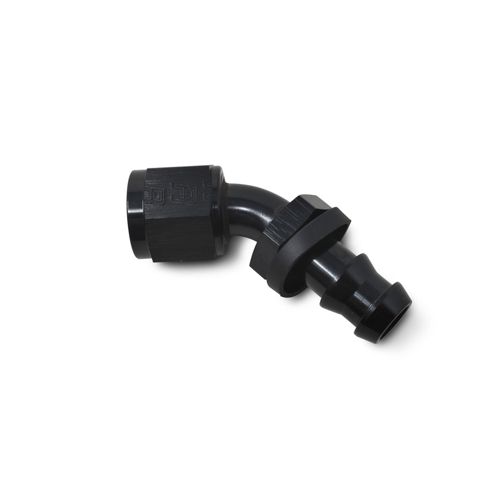 Russell Fuel Hose Fitting 624073; Twist Lok Hose End Black Anodized -04AN 45 deg. -04AN Female 