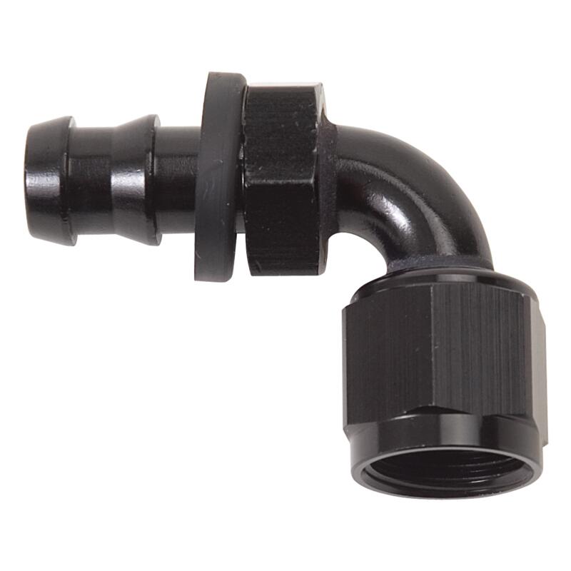 Russell Fuel Hose Fitting 624153; Twist Lok Hose End Black Anodized -04AN 90 deg. -04AN Female 