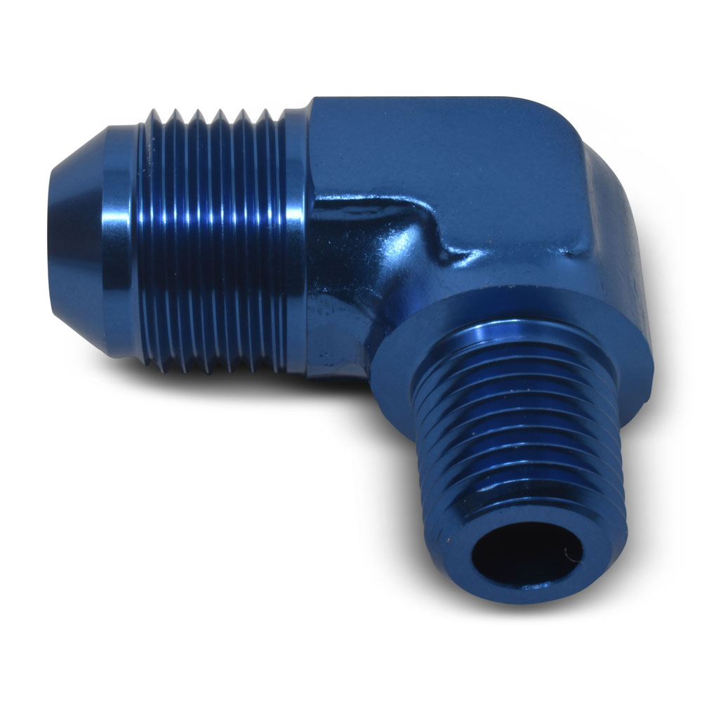 Russell AN Fitting 660850; AN to NPT Adapter Blue -08AN Male 90 deg. 1/4 in. NPT Male 