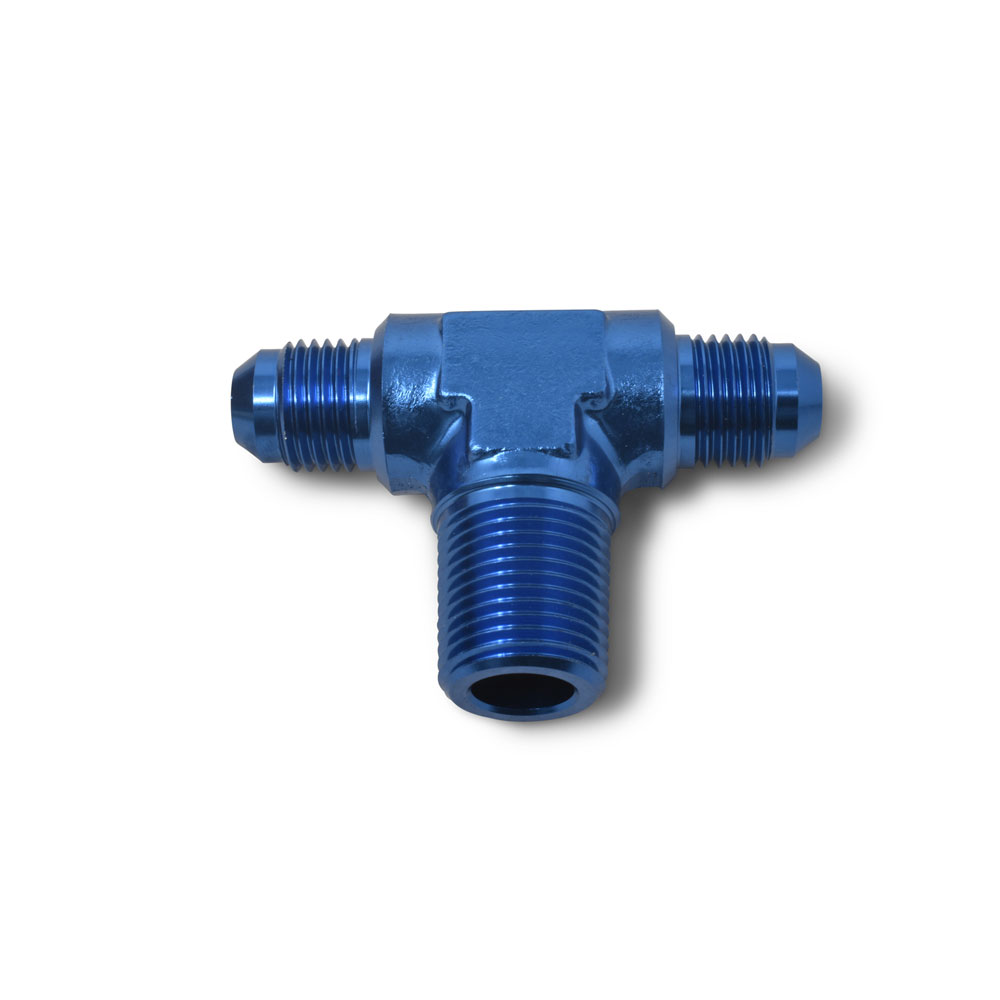 Russell AN Fitting 661090; AN to NPT Tee Fitting Blue -08AN Male Tee 3/8 in. NPT Male -08AN Male 