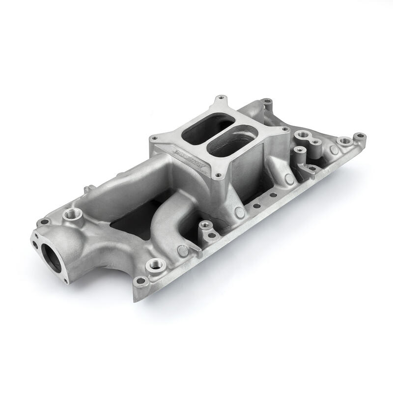 Speedmaster Intake Manifold 1-147-049; Mid Rise Rectangular Dual Plane 1500 to 6500 Satin Aluminum for Ford 260 to 302 