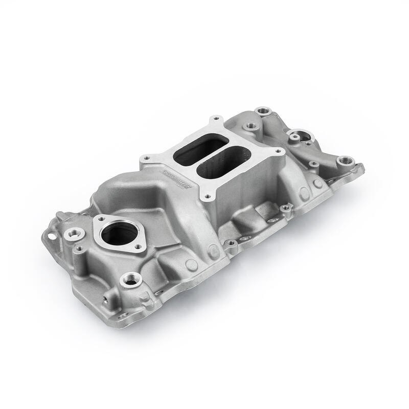 Speedmaster Intake Manifold 1-147-079; Low Rise Plus Rectangular Dual Plane Idle to 5500 Natural Aluminum for Chevy 262 to 400 